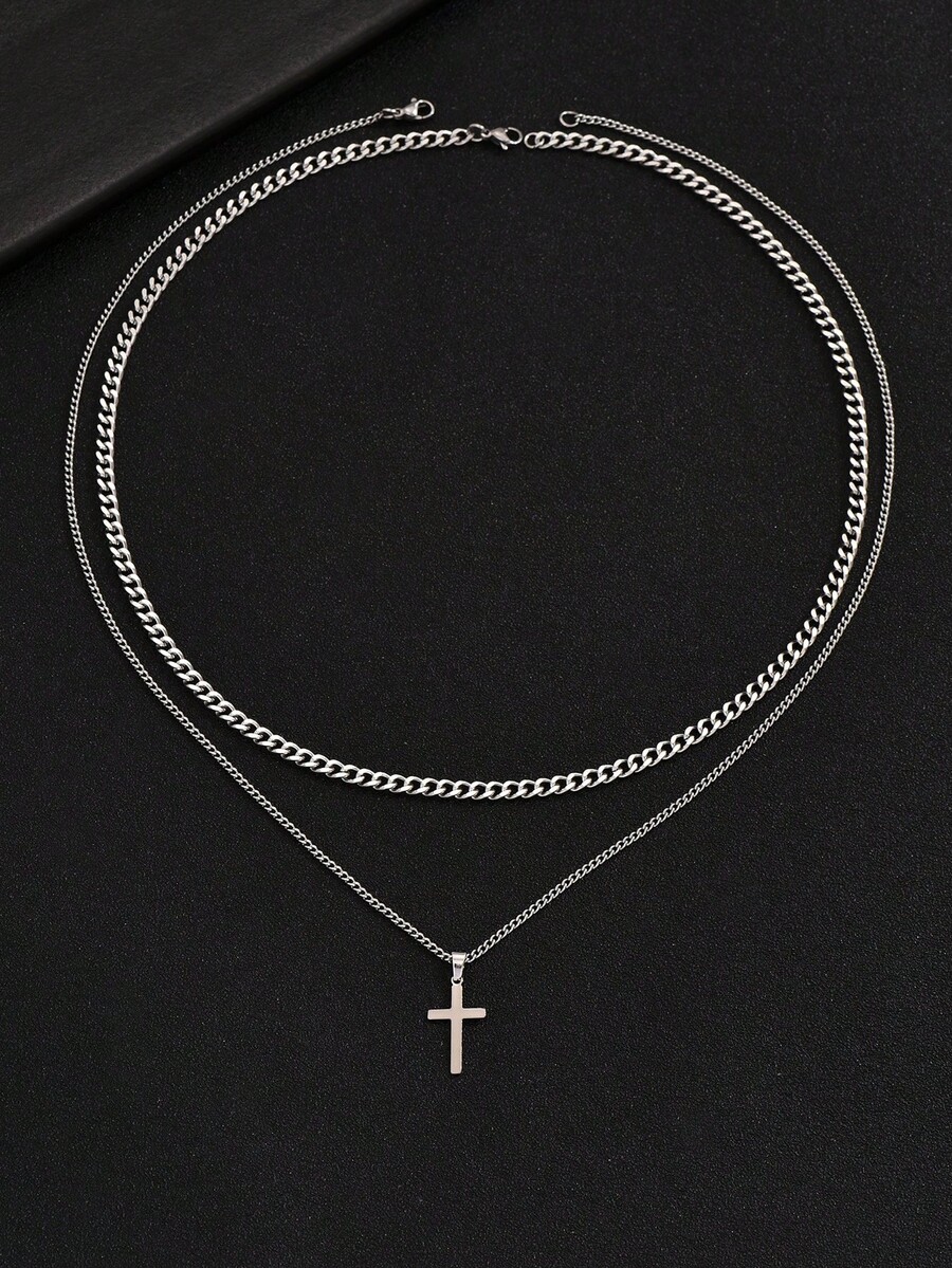 2pcs/Set Kalung Liontin Salib Stainless Steel Serbaguna Gaya Hip-Hop untuk Pria, Cocok untuk Pemakaian Sehari-hari, Perjamuan, Pesta, Klub Malam, dan Berbagai Acara - Perak - View 1