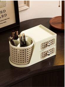 Retro Rattan Style Rotating Pen Holder With Drawers, Multi-Functional Desk Organizer For Stationery, Cosmetics & Small Accessories, Ideal For Office, Bedroom & Home Use - View 5
