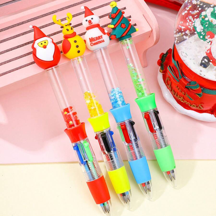 6pcs Cute Christmas Mini Liquid Glitter 4 Color Retractable Ballpoint Pen Cute Reindeer Santa Design 4 In 1 Multicolor Smooth Writing For Teens Gift Reward Back To School Supplies School Prize Student Journaling Stationery - C款聖誕流沙四色筆 - 查看 1