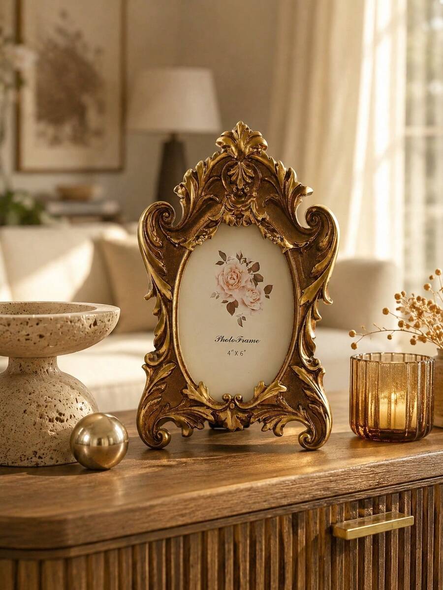 1pc Vintage Baroque Resin Photo Frame, Antique Gold Ornate Picture Frame, Resin 4"*6" Frame For Tabletop Display, Adds A Regal, Romantic Touch To Your Home - A - View 1