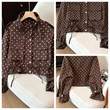 Women's Polka Dot Utility Jacket, Sexy Waist-Cinching Short Jacket, Small Stand Collar, Casual Layering Versatile Retro Motorcycle Jacket Vacation - Brown With White Polka Dots - View 11