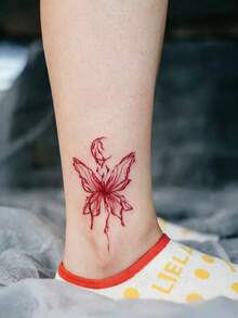 1 Pc Ins Style Red Grunge Butterfly & Moon Temporary Tattoo Sticker, Minimalist Fake Tattoo, Waterproof Long Lasting Gothic Body Art Decal For Women, Daily & Edgy Use - Red - View 4