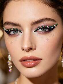 1pc Dark Green Black Rhinestone Eyeliner Face Decoration Sticker, Diamond Eyeliner Sticker, Reusable Eyeliner Sticker, Easy To Use, Suitable For Women's Makeup And Eye Decoration - 彩色 - 查看 4
