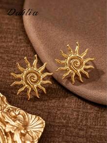 Women's Gold Stainless Steel Sun Earrings, Bohemian Vintage Round Sun Design Fashion Jewelry, Suitable For Party, Vacation And Daily Wear - Gold - View 2