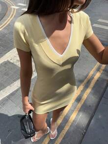 EAVA Basic Fall Butter Yellow V Neck Ribbed Knit Mini Dress, Slim Fit Fake Two Pieces Short Sleeve Skirt, Back To School Sportswear Clothes For Women - Yellow - View 4