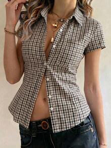 ENGU CO. Chemise à carreaux à manches courtes style Y2K décontractée rétro douce & cool pour femmes, nouvelle collection d'été - Multicolore - Voir 7