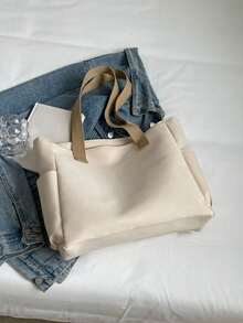 Bolso bandolera de gran capacidad de unicolor y elegante, bolso tote versátil para ir al trabajo, adecuado para estudiantes, clases, desplazamientos y salidas - Beis - Ver 9