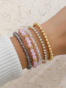 Juego de 5 pulseras elásticas de cuentas de cristal falso y strass estilo Ins, multicapa y apilables, con cuentas CCB, para mujer - Dorado - Ver 1