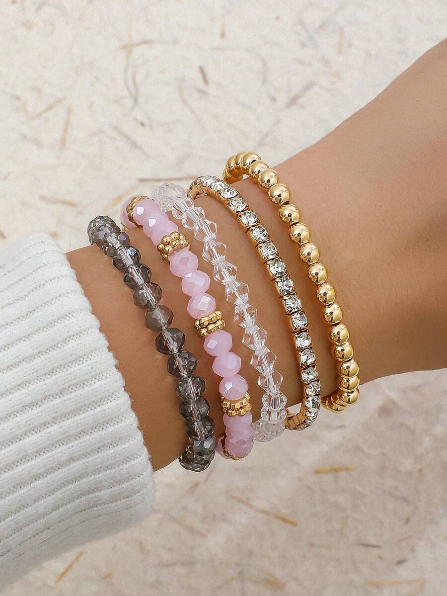 Juego de 5 pulseras elásticas de cuentas de cristal falso y strass estilo Ins, multicapa y apilables, con cuentas CCB, para mujer - Dorado - Ver 1