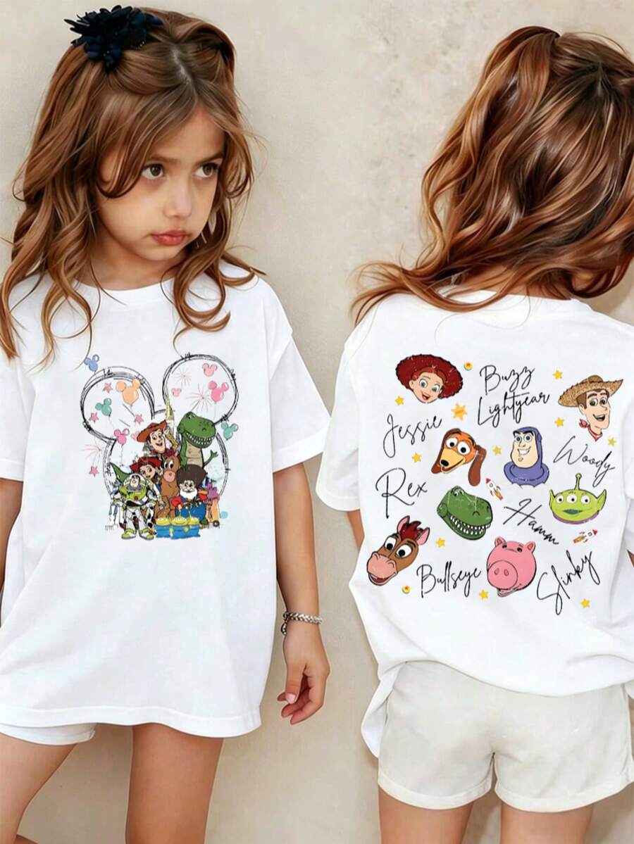Disney Toy Story Characters Girls' T-Shirt 2-14Y Jessie Buzz Woody Rex Hamm Alien Print Casual Short Sleeve Kids Top Express Delivery - 白色 - 查看 1
