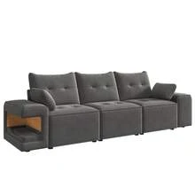 Modern 3-Seater Modular Sofa With Wide Armrests, Cloud Model, With Integrated Storage, Upholstered Pet Area And Two Cushions. Ideal For Living Rooms And Apartments. Gray Color. - 灰色 - 查看 8