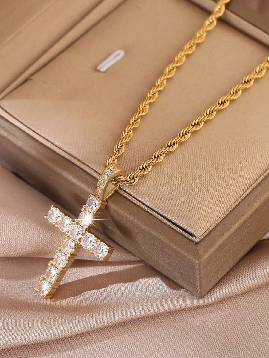 Men's Stainless Steel Cross Necklace With Vintage Twisted Rope Chain, Rhinestone Accents, Eye-Catching Hip-Hop Rock Style, And Versatile