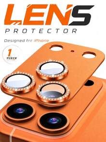 1pc Orange Rhinestone Inlaid Metal Surface Ultra-Thin 9H Tempered Glass Camera Lens Protector, Ultra-Clear Anti-Scratch Anti-Oil Anti-Fingerprint Anti-Dust Full Coverage Anti-Collision Phone Accessory, Compatible With IPhone 17 Pro Max 17 Pro - Orange - View 1