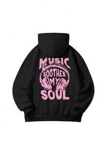 Women's Hooded Sweatshirt, Autumn/Winter New Style With Earphone Pattern And Letter Print, Drawstring Design, Pockets, Casual Versatile Loose Fit Top, Fashionable Daily Wear - Black - View 3