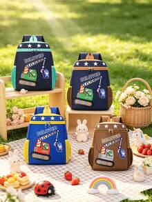 1pc New Cute Cartoon Excavator Print Backpack, Practical Versatile Color Scheme, Zipper Closure Design, Adjustable Shoulder Straps, Suitable For Various Occasions Such As Outdoor Activities, Ample Capacity, Can Easily Hold Daily Essentials. - Multicolor - View 1