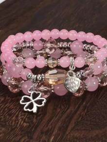 3er/Set mehrschichtige böhmische elastische Armbänder, modische Vierblattkleeblatt rosa Perlen süßer Schmuck - Pink - Übersicht 2