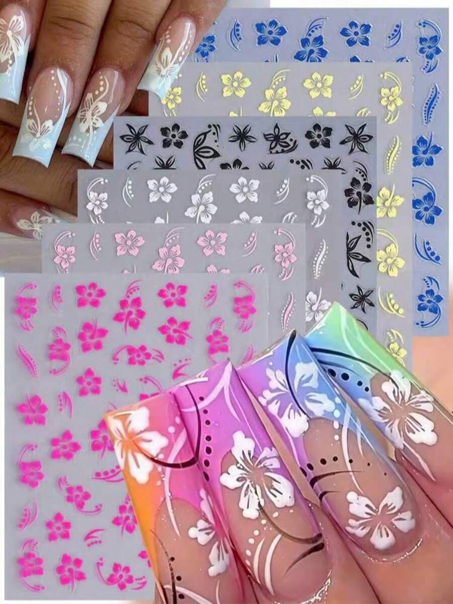 3D Hawaiian Floral Nail Stickers - Hibiscus Flower Decals DIY Tropical Summer Spring Pink, Rose Red, Yellow, Blue, Black, White Floral Nail Art Stickers Self-Adhesive Nail Decoration - Multicolor - View 1