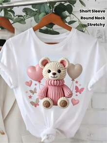 Camiseta Blanca de Mujer con Estampado de Oso y Globo, Tejido de Punto, Cuello Redondo, Casual, de Algodón, Tejido de Punto de Elasticidad Media, Corte Regular para Mujeres, para Primavera/V - Blanco - Ver 1