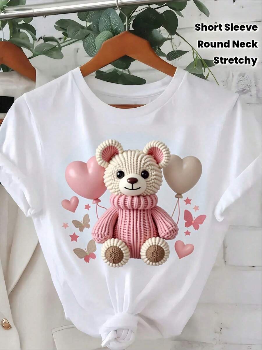 Camiseta Blanca de Mujer con Estampado de Oso y Globo, Tejido de Punto, Cuello Redondo, Casual, de Algodón, Tejido de Punto de Elasticidad Media, Corte Regular para Mujeres, para Primavera/V - Blanco - Ver 1