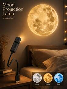 1 Lâmpada + 3 Projeções de Luz do Luar, Projetor LED Portátil com Plugue USB para Decoração de Teto de Quarto com Céu Estrelado, Luz Decorativa Giratória 360° - Lâmpada projetora lunar USB - Visão 3