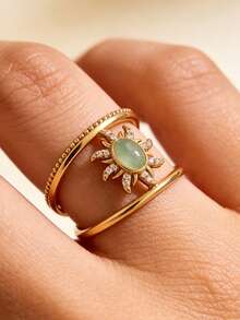 1pc Copper Inlaid Artificial Zirconia Creative Double-Layer Sunflower Open Ring, Women's Exclusive, High-End Designer Jewelry. Suitable For French Wine - Sunflower - View 2