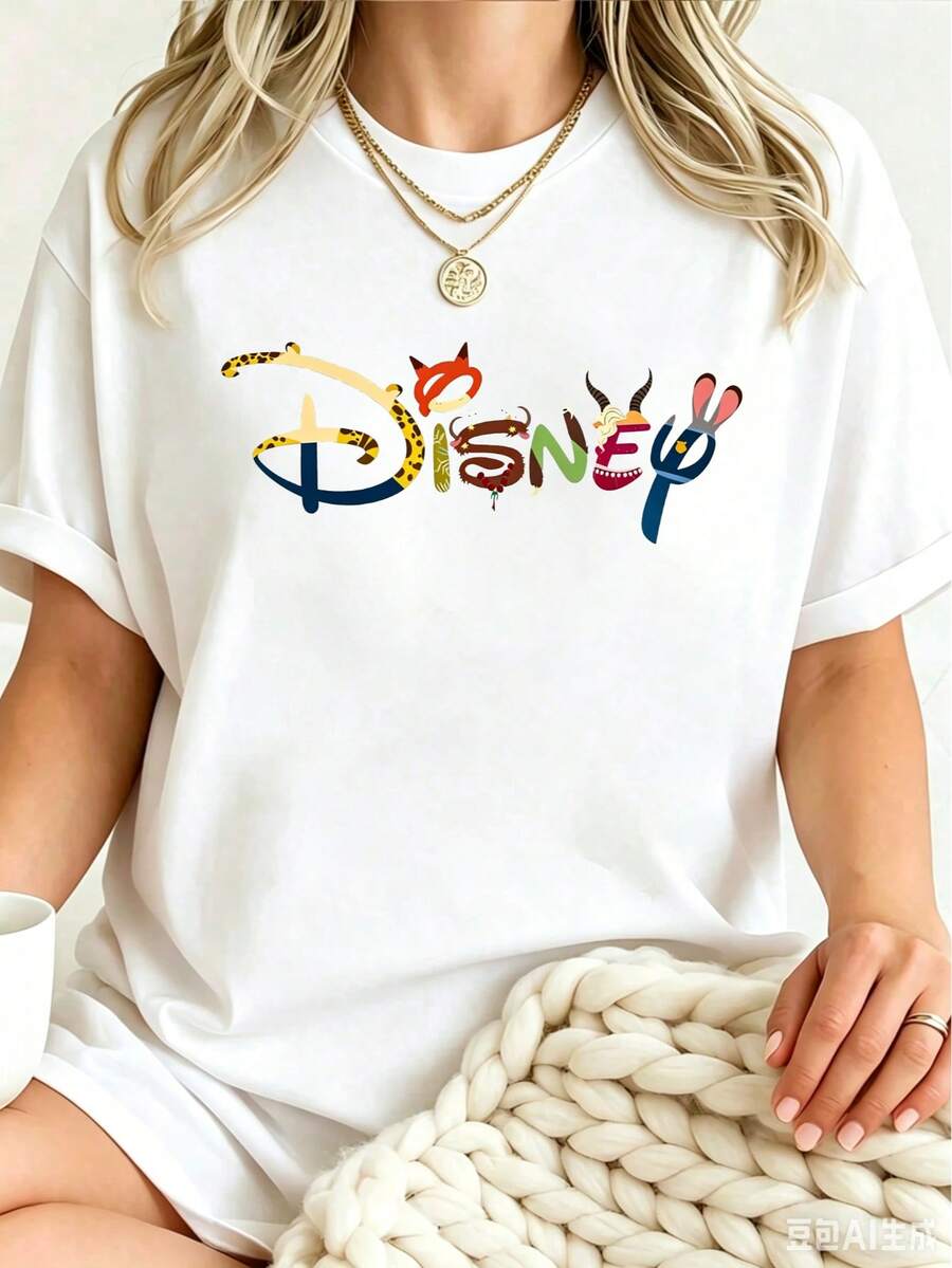 Disney Summer Women's Zootopia Character Filled Disney Letter Pattern Cute Nick Wilde JudyHopps Casual Loose Pure Cotton Vacation Short Sleeve T-Shirt - 白色 - 查看 1