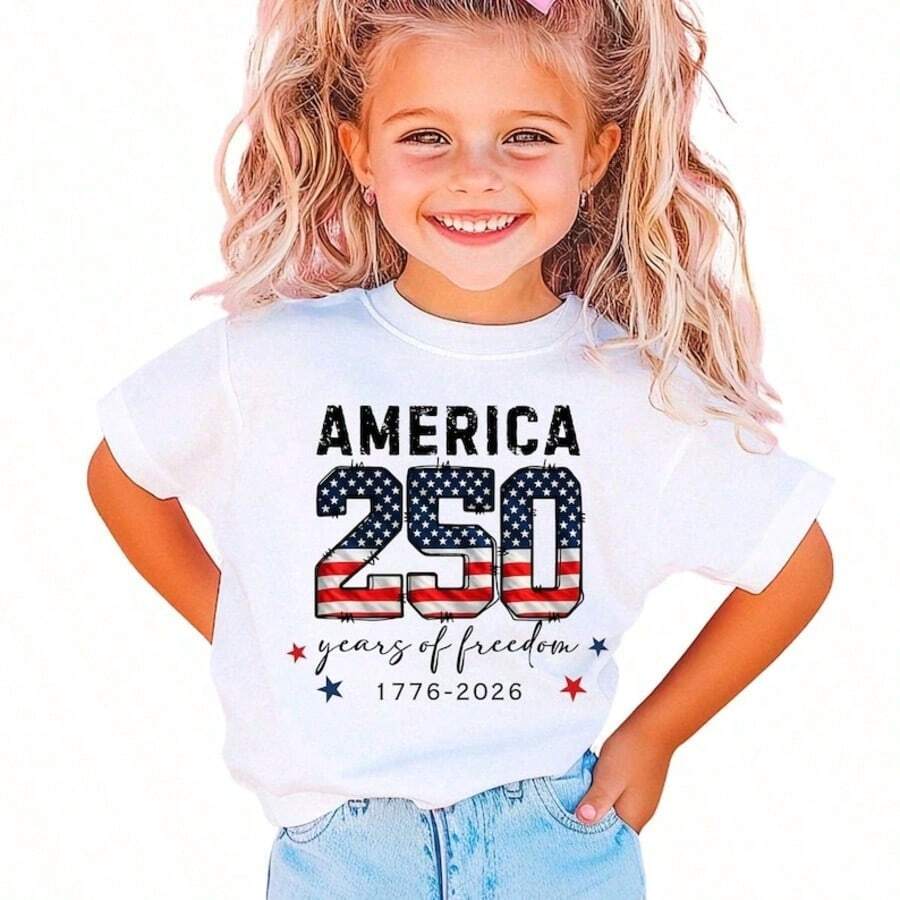 Girls' 4th Of July Outfit, Cute 4th Of July T-Shirt, Matching Family Set, 100% Cotton Patriotic Crew Neck T-Shirt For Young Women, Vintage Family T-Shirt - 黑色 - 查看 1