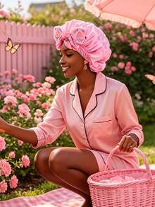 CONFLASS 1pc Women's Pink Printed Satin Sleep Bonnet With Long Ties, Butterfly & Floral Print, Elastic Wide Band Hair Wrap, Suitable For Sleep And Styling, Anti-Frizz, Fits Long Braids And Dreadlocks - Multicolor - View 9