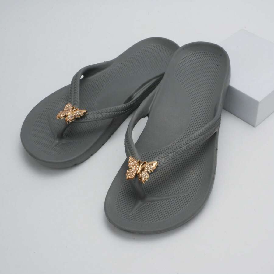 Women Rhinestone Butterfly Decor Wedge Flip Flops, Lightweight EVA Thick Sole Non‑Slip Thong Sandals, Waterproof Summer Beach Vacation Slippers - Grey - View 1