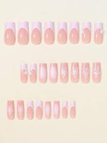 24pcs Long Square Press-On Fake Nails, 3D Gel Flower, 3D Water Ripple, Shiny Rhinestone, White French Full Coverage Artificial Nail Set, Includes Jelly Glue And Mini Nail File, Suitable For Women And Girls Daily Wear, Party, Shopping, Date, DIY, Jelly Glue Randomly Sent - Multicolor - View 2