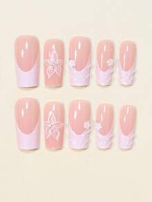 24pcs Long Square Press-On Fake Nails, 3D Gel Flower, 3D Water Ripple, Shiny Rhinestone, White French Full Coverage Artificial Nail Set, Includes Jelly Glue And Mini Nail File, Suitable For Women And Girls Daily Wear, Party, Shopping, Date, DIY, Jelly Glue Randomly Sent - Multicolor - View 3