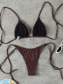 Ensemble de bikini vintage à imprimé léopard avec col licou et lien, maillot de bain de plage sexy push-up taille haute coupe slim en deux pièces, convient pour les femmes en vacances d'été - Multicolore - Voir 2