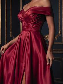 Smilprince Vestido de fiesta encantador para mujer, vestido maxi de manga corta con hombros descubiertos, abertura hasta el muslo, manga regular, hecho de tela tejida sin estiramiento para boda - Burdeos - Ver 8