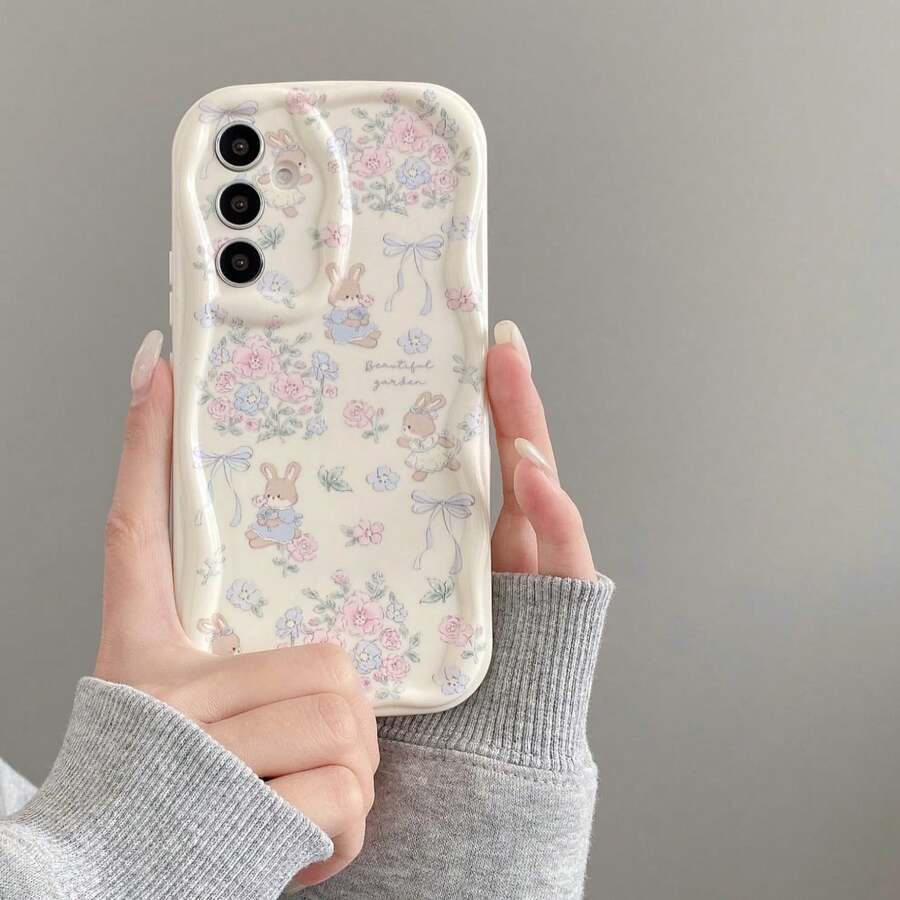 Cartoon Cute Floral Rabbit Cream Edge Phone Case With Lanyard / Compatible With Apple 17PROMAX/16promax/15promax/14promax/13promax/12promax/11promax/XSMAX/7/8PLUS/ Compatible With Samsung S26/2524321u Phone Case / Compatible With Xiaomi / Compatible With Honor / Compatible With Huawei / Compatible With OPPO / Compatible With Vivo - White - View 1