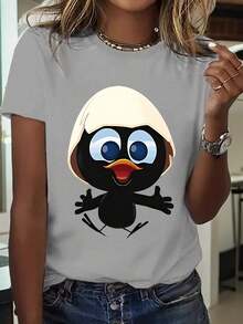 Women's Short-Sleeved T-Shirt, Women's Summer Clothing, Duck Print T-Shirt In Shell Color, Breathable, Washable, Loose And Comfortable, Summer Clothing, 100% Cotton. - 白色 - 查看 4