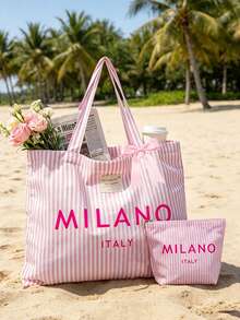 「Milan」字母印花復古條紋帆布托特包,附緞帶,化妝包,女款大容量條紋單肩包,可重複使用購物袋,休閒手提包,文具袋,學生鉛筆盒,內部寬敞輕巧耐用,適用於旅行、工作、上學、海灘、買菜、購物、週末出遊,開口設計方便使用,可水洗托特包,適合女性、媽媽、女孩的完美禮物,畢節紀念品,教師節禮物,節日、開學、生日、開學季、畢業季 - 彩色 - 查看 4
