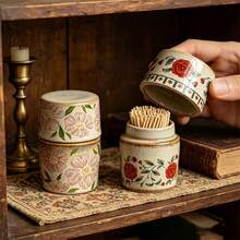 1pc Vintage-Style Floral Ceramic Toothpick Holder (With Lid) – A Decorative Storage Jar Featuring A Rustic, Country-Inspired Floral Pattern, Perfect For Kitchen Countertops Or Bathroom Vanities. - View 1