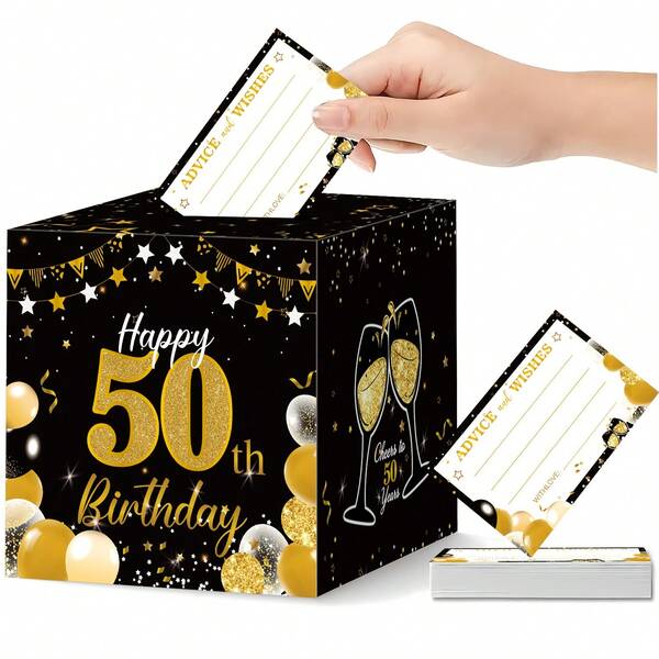 51pcs Black & Gold 18, 21, 30, 40, 50, 70, 80th Birthday Blessing Raffle Box Set, Balloon & Champagne Glass Theme Message Card Storage Box, Suitable For Adult 18, 21, 30, 40, 50, 70, 80th Birthday Party, Luxury Black & Gold Theme Celebration Banquet, Coming Of Age Blessing Collection, Company Colleague Birthday Party, Family Birthday Interactive Activity