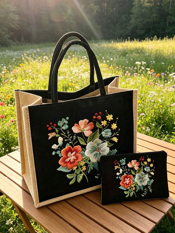 Bohemian Vintage Floral Tote Bag Set, Women's Tote Bag And Wallet Set, Minimalist Decor, Mexican Style Print Including Tote Bag And Coin Purse, Eastern European Art Style Large Capacity Women's Bag, Makeup Storage Bag, Simple Large Capacity Tote Bag, Portable Casual Shopping Bag, Multi-Functional Shopping Bag. School Campus And Travel Vacation Back To School Gift Small Gift Exchange, Mother's Day, Valentine's Day