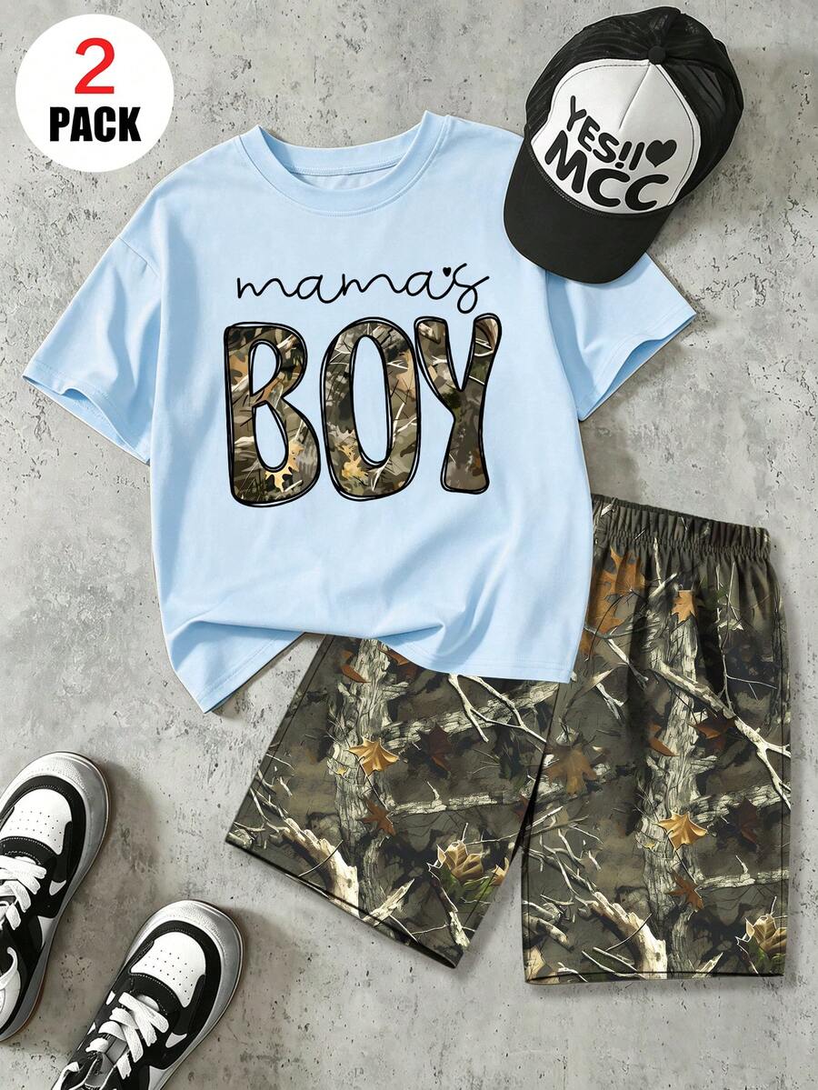 2pcs/Set Boys Outfit, Loose Top With "Mama's BOY" Print + All-Over Dried Leaf Pattern Shorts, Comfortable And Soft, Suitable For Summer And Sports - Multicolor - View 1