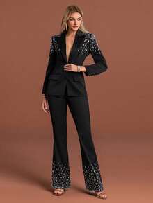 Women Black Sequin Embellished Collar Blazer And Bell Bottom Pants Suit Set With Buttons For Elegant Evening Wear - Black - View 4