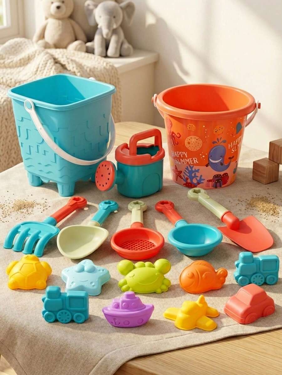14/16Pcs Kids Beach Toy Set – Durable Plastic Sand & Water Play Kit With Beach Bucket, Watering Can, Digging Tools & Molds (Fish/Boat/Car/Crab/Turtle/Star/Train/Seahorse), Ideal Summer/Birthday Gift, Beach Pool Sand Digging & Water Fun