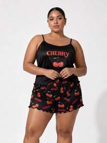 Snug League Plus Size Women's Sleepwear Set, Cherry Letter Print Camisole And Shorts, Loose And Comfortable, Summer Pajamas - Black - View 1