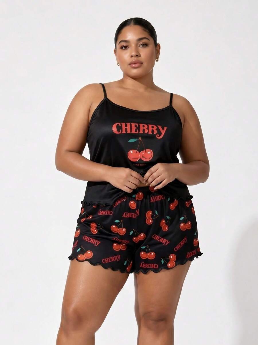 Snug League Plus Size Women's Sleepwear Set, Cherry Letter Print Camisole And Shorts, Loose And Comfortable, Summer Pajamas - Black - View 1