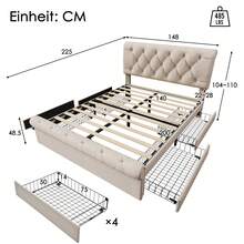 Flieks Double Bed Upholstered Bed 140x200cm, Bed Frame With 4 Drawers And Height-Adjustable Headboard, Chesterfield Functional Bed, Natural, Without Mattress - Apricot - View 3
