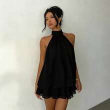 女孩優雅棕色掛脖領結迷你洋裝,米色夏季派對洋裝,婚禮賓客穿搭,夜生活服裝,生日派對,防曬洋裝,島嶼度假套裝 - 彩色 - 查看 22