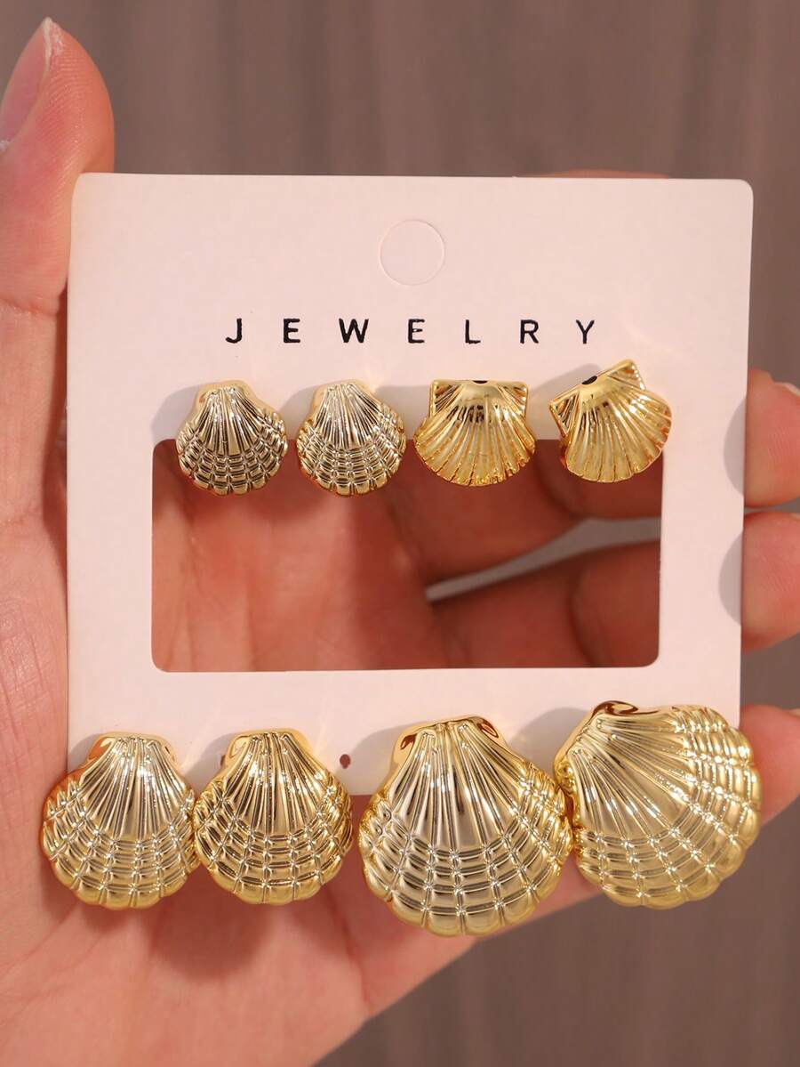 Set 4 Pasang Anting Kerang Berbagai Ukuran, Cocok untuk Liburan Pantai, Anting Musim Panas yang Wajib Dibawa - Emas - View 1