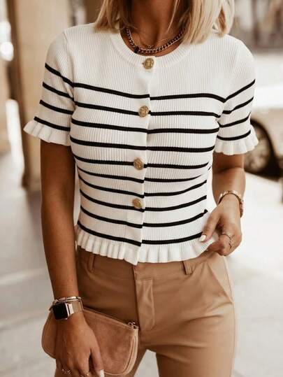 女士夏季黑白条纹荷叶边短袖开衫