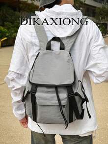 Multi-Use Drawstring Backpack | White & Black Nylon With Buckle Details | Adjustable Straps Multi-Pocket | Daily/Outdoor/Work,Y2k - Multicolor - View 2
