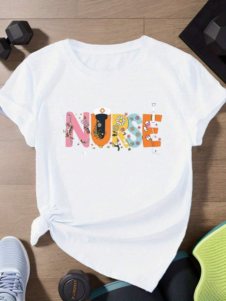 Plus Size Short-Sleeved Athletic T-Shirt For Nurses With Medical Symbols - White - View 1